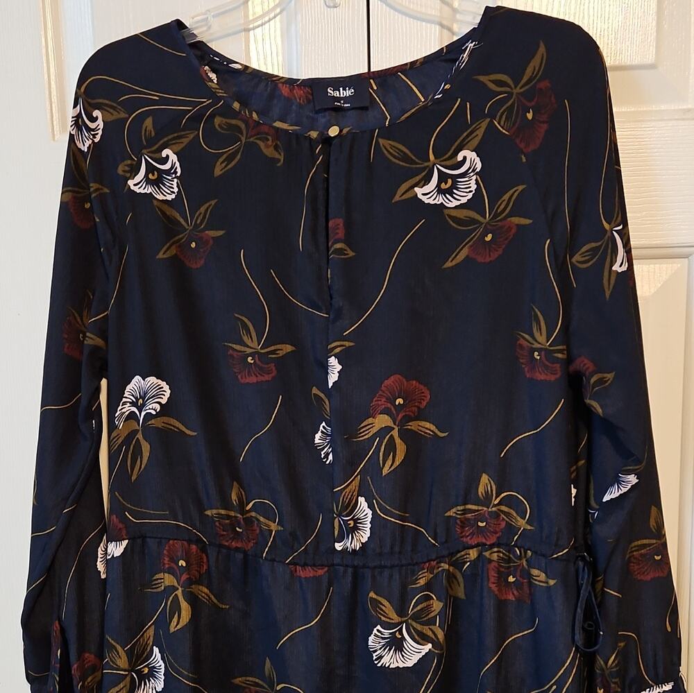 Sabie Blue Multicolor Floral Chiffon Sheath Dress Round Neck Long Sleeve M
